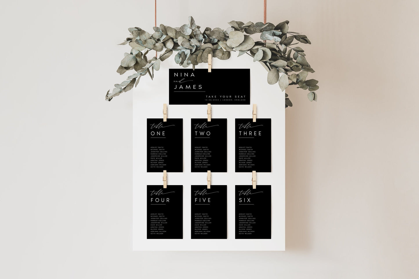 Nina Black Wedding Seating Card Template