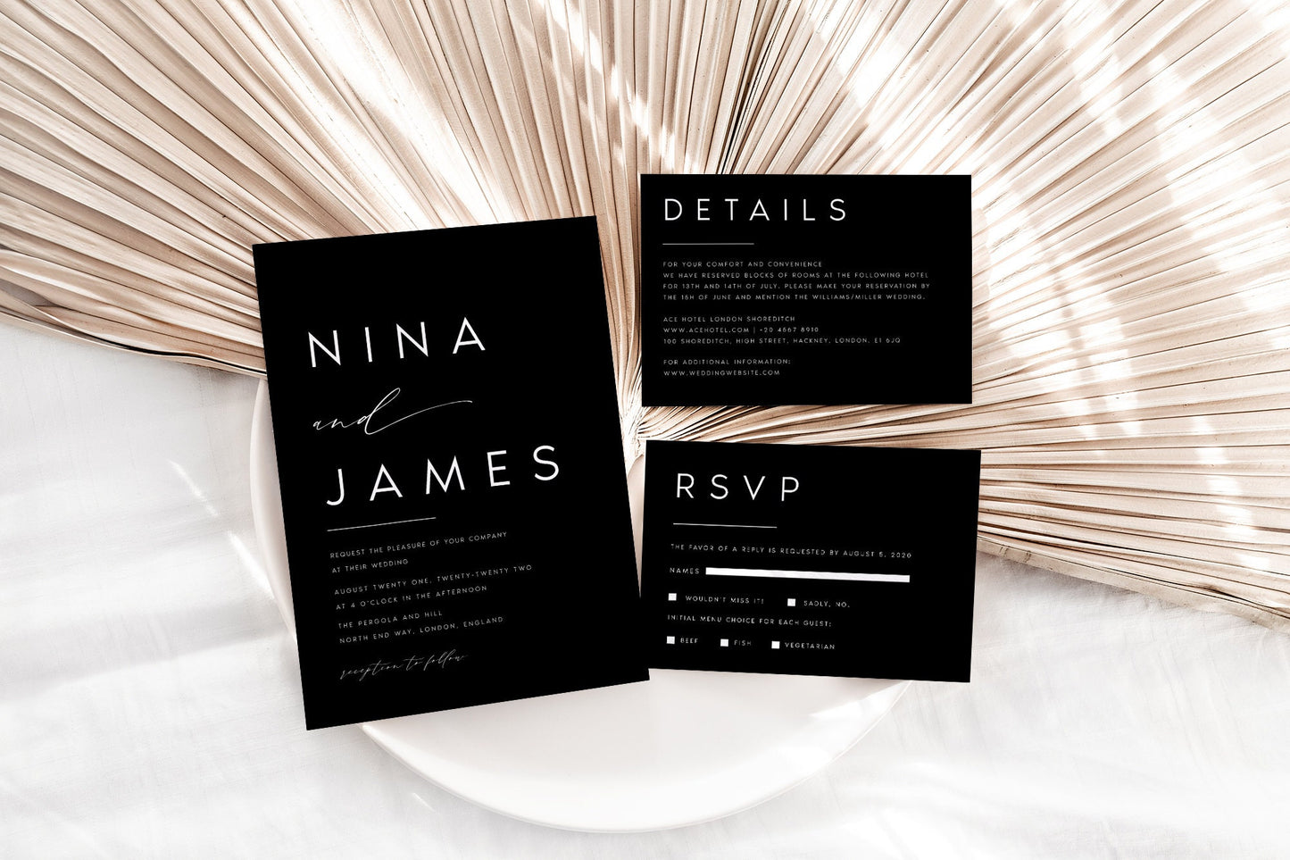 Nina Black Wedding Invitation Set Template