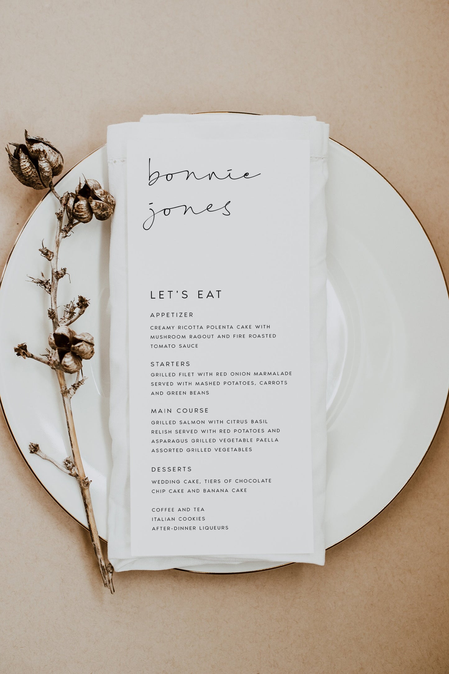 Bonnie Wedding Menu Template with Guest Names