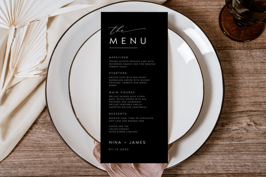 Nina Minimalist Black Wedding Menu Template