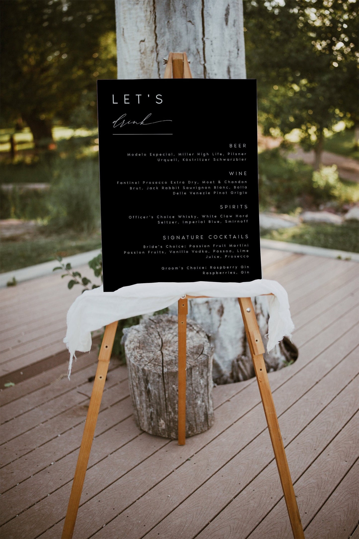 Nina Black Editable Wedding Bar Menu Sign