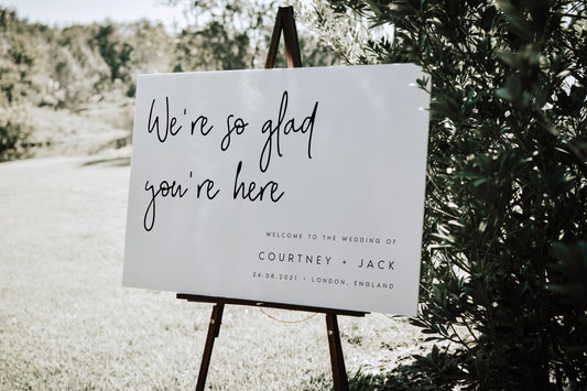 Courtney We're So Glad You're Here Minimalist Wedding Welcome Sign