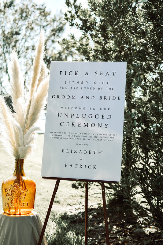 Elizabeth Pick a Seat Unplugged Wedding Ceremony Sign