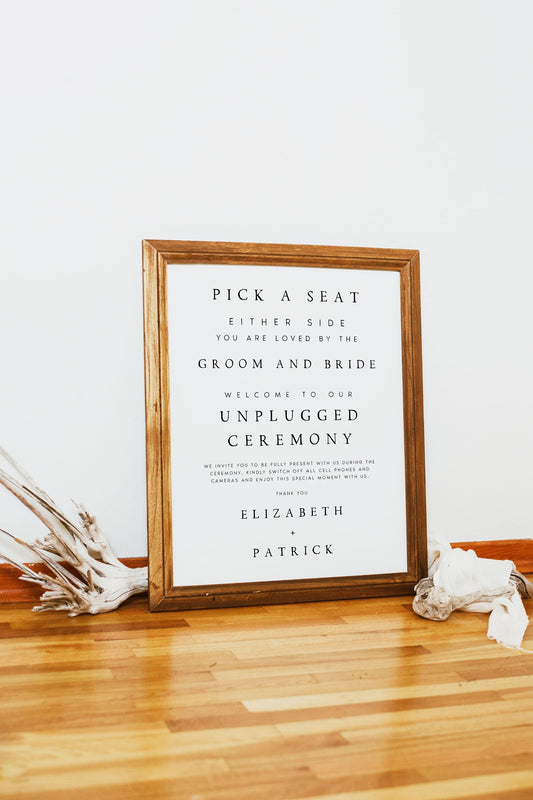 Elizabeth Pick a Seat Unplugged Wedding Ceremony Sign