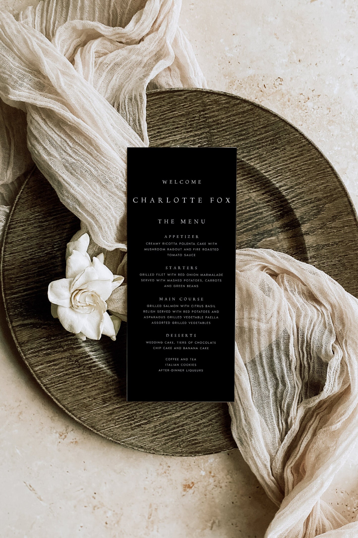 Charlotte Wedding Menu Template with Guest Names