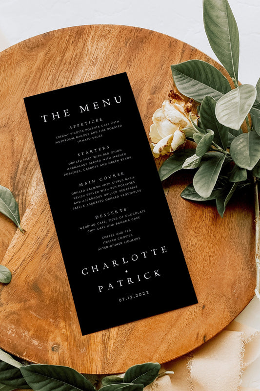 Charlotte Minimalist Black Wedding Menu Template