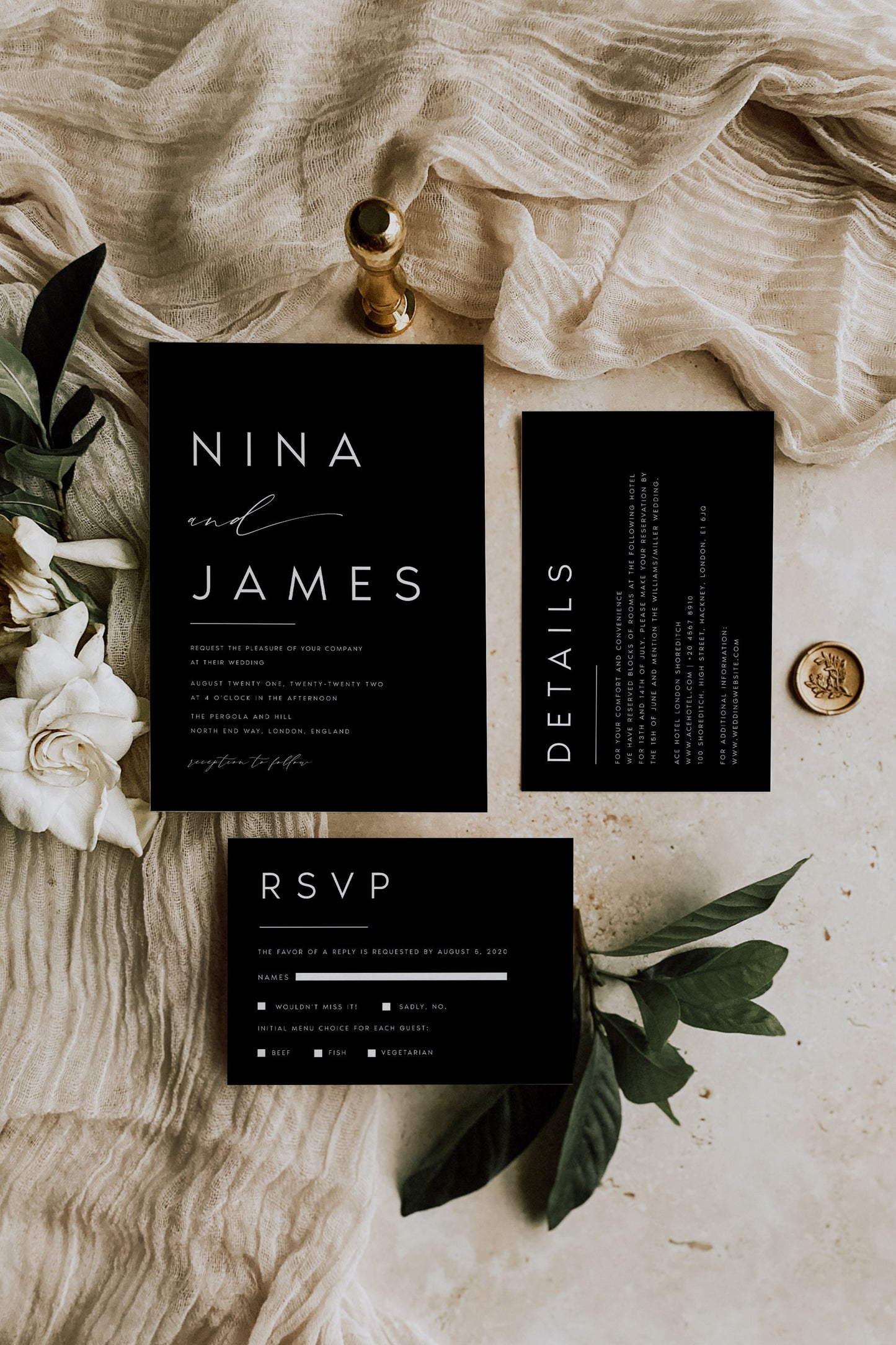 Nina Black Wedding Invitation Set Template