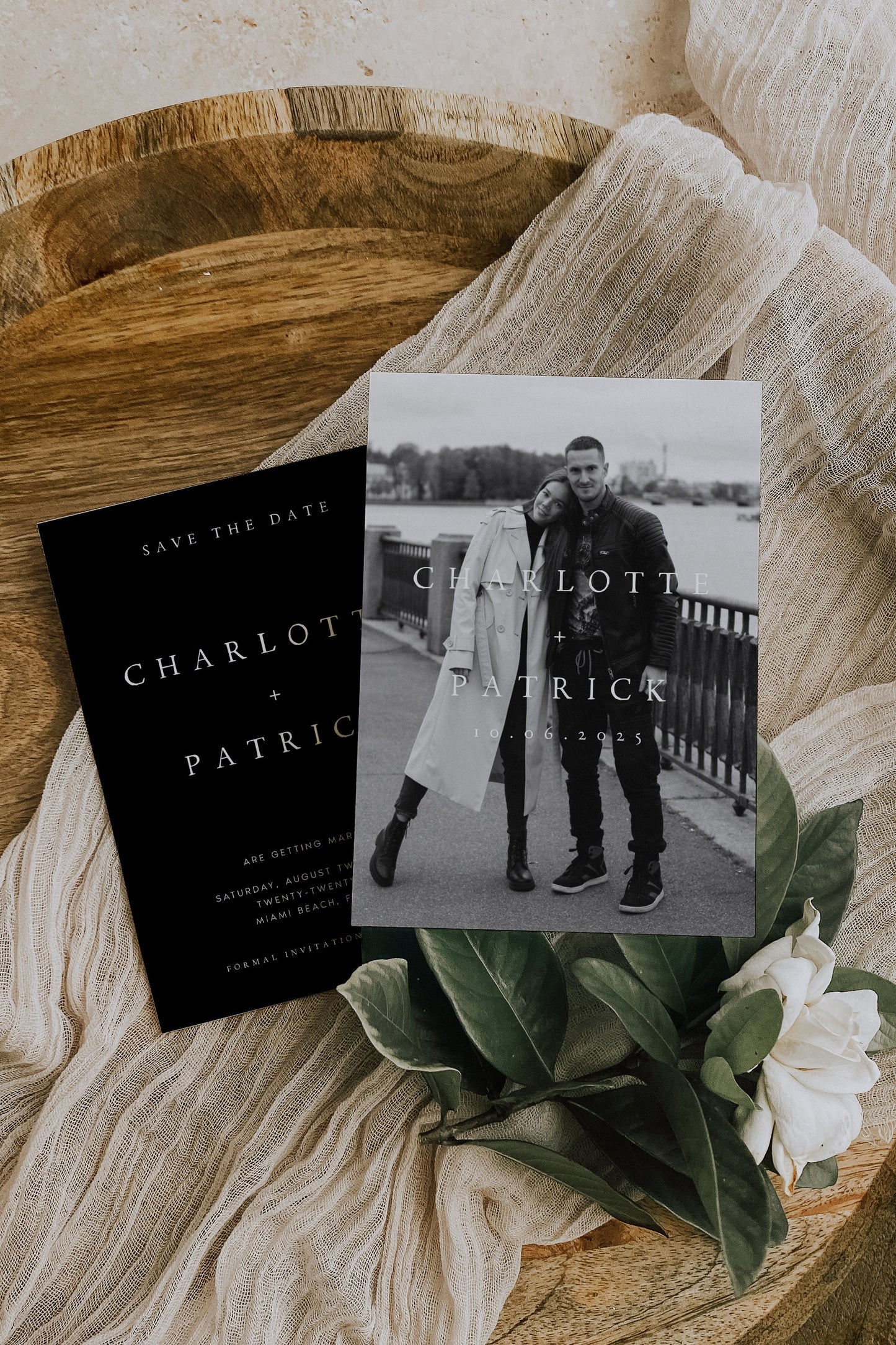 Charlotte Double-Sided Black Photo Save the Date Template