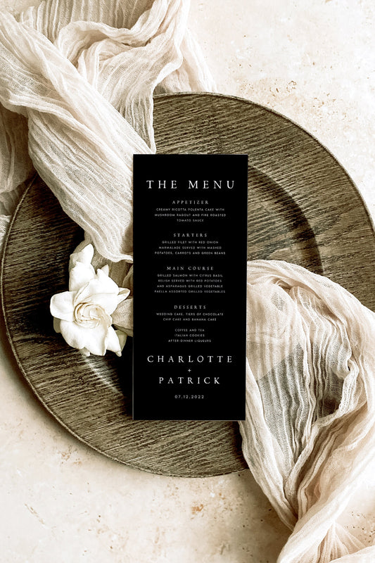 Charlotte Minimalist Black Wedding Menu Template