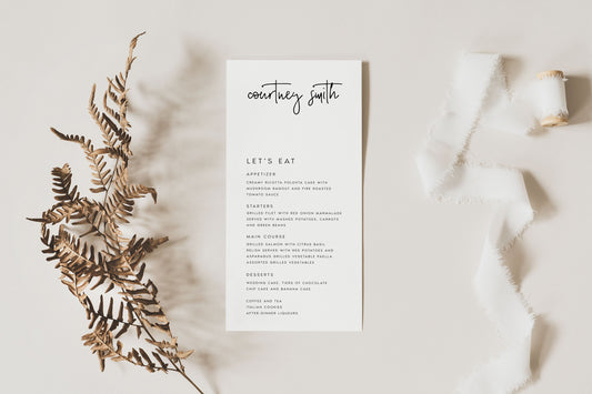 Courtney Minimal Wedding Menu with Guest Name Template