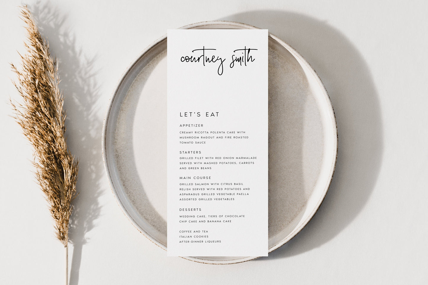 Courtney Minimal Wedding Menu with Guest Name Template