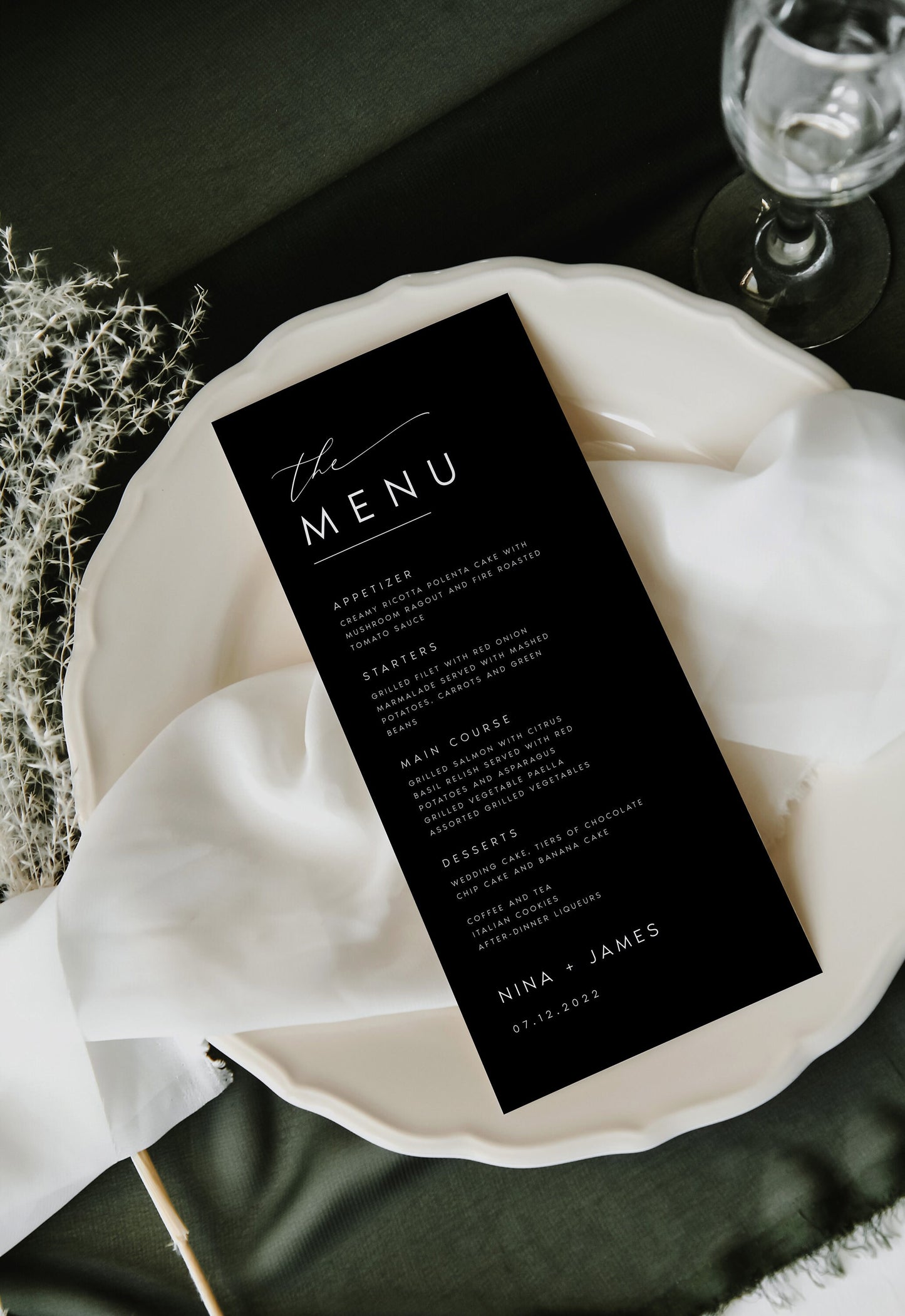 Nina MODERN Black Wedding Menu Template