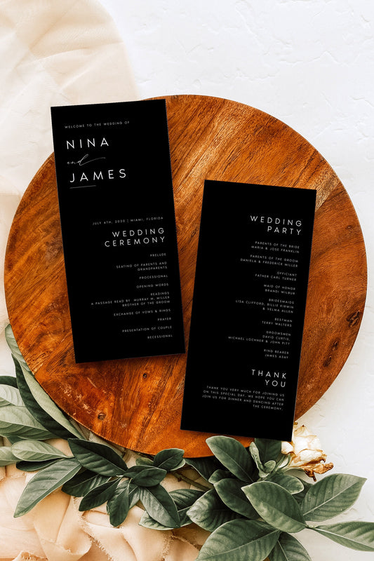 Nina Modern Black Wedding Program Template