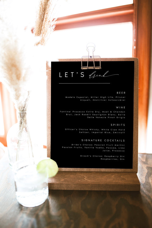 Nina Black Tabletop Drinks Menu Sign Template