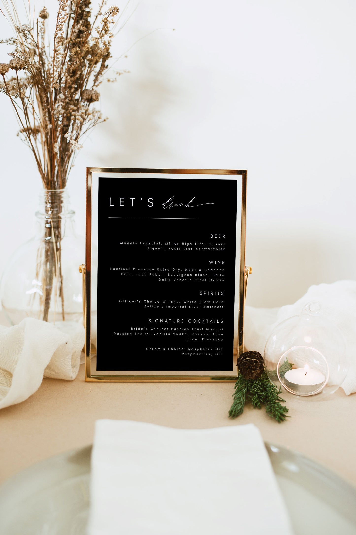 Nina Black Tabletop Drinks Menu Sign Template