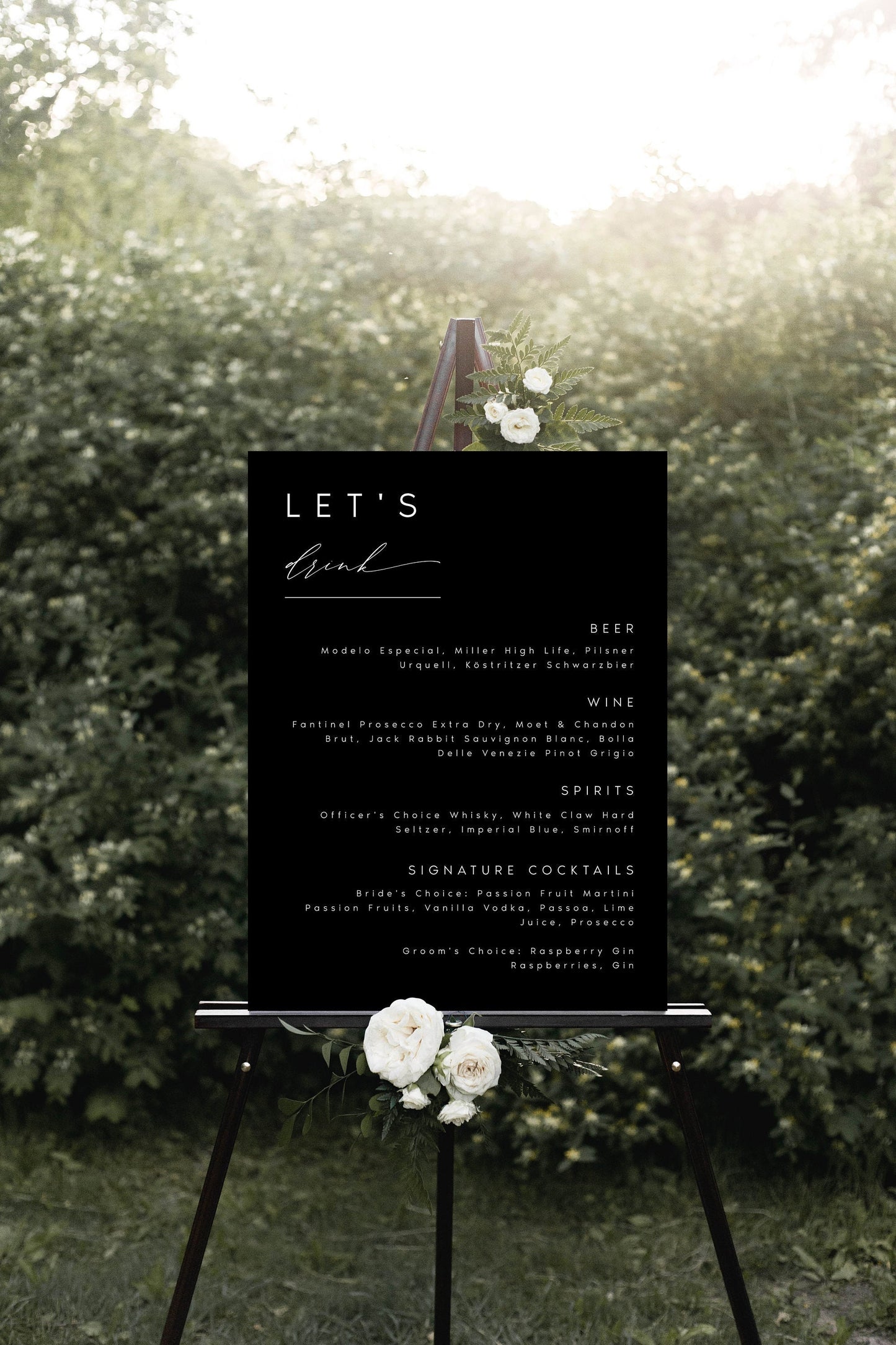 Nina Black Editable Wedding Bar Menu Sign