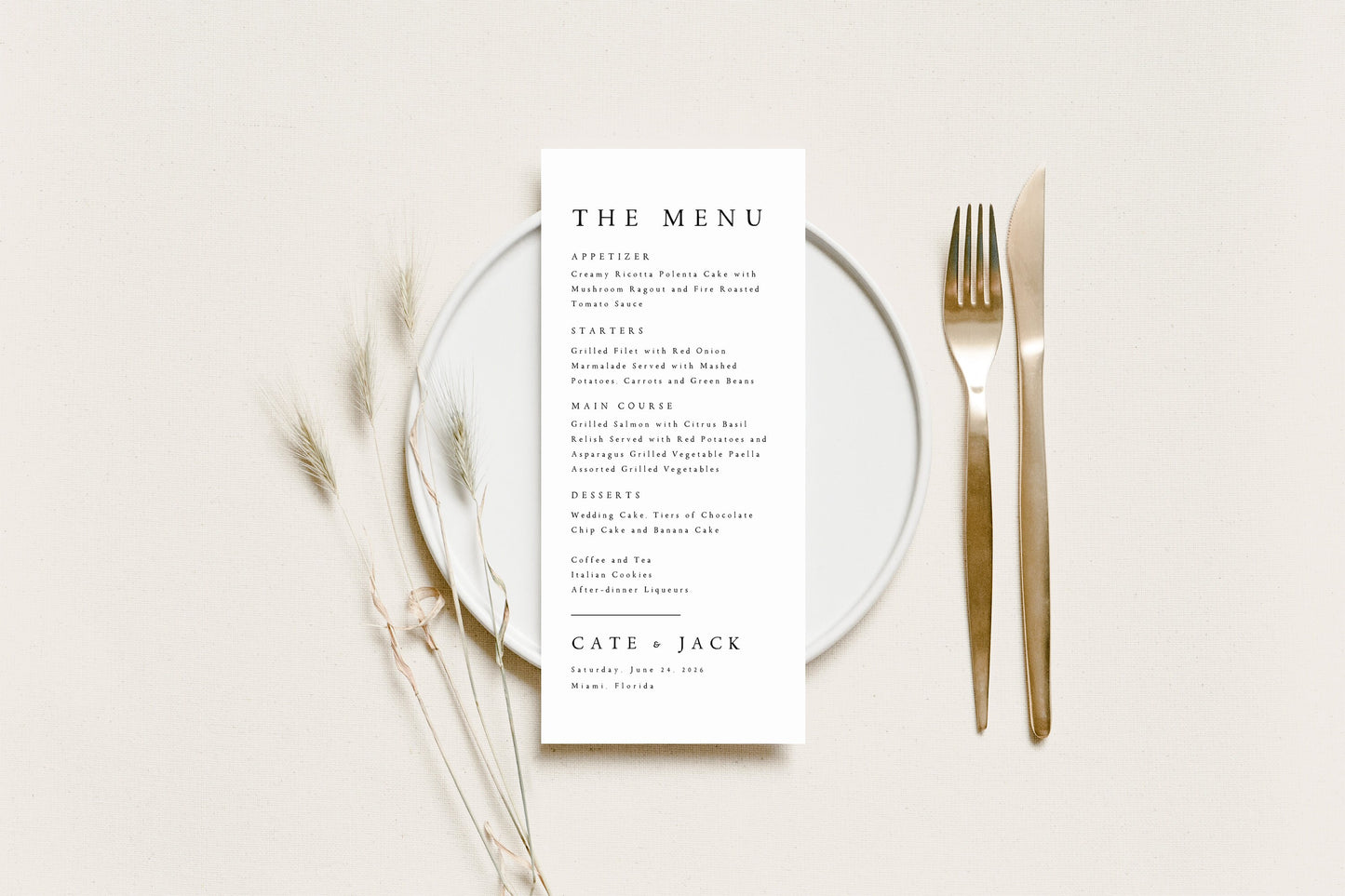 Cate Minimalist Wedding Menu Template