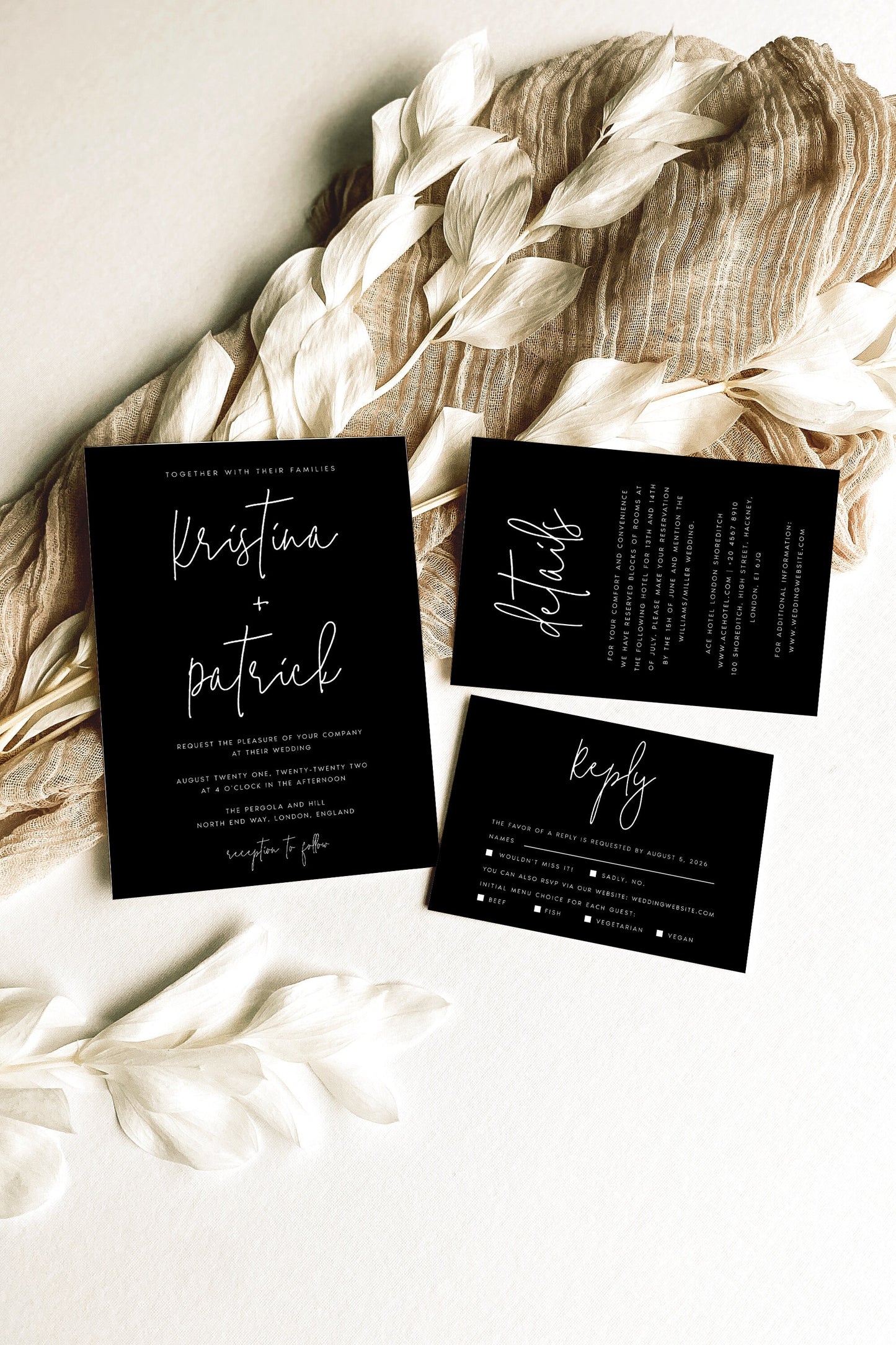 Kristina Black Wedding Invitation Set Template