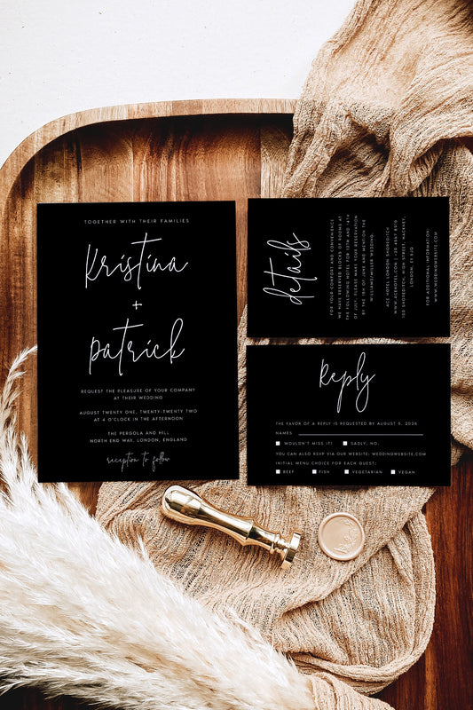 Kristina Black Wedding Invitation Set Template