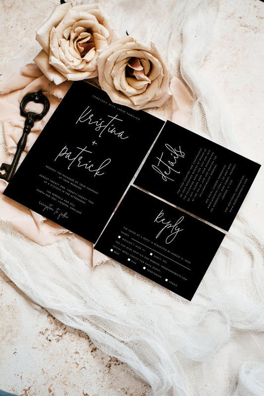 Kristina Black Wedding Invitation Set Template