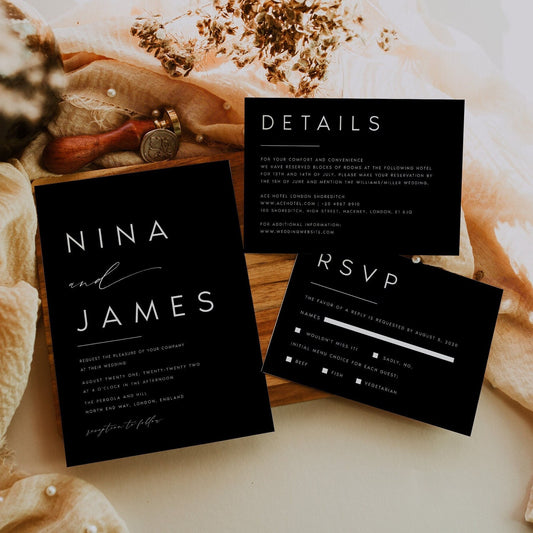 Nina Black Wedding Invitation Set Template