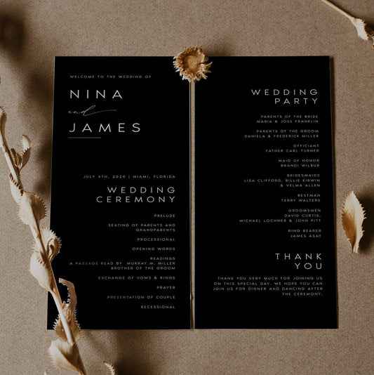 Nina Modern Black Wedding Program Template