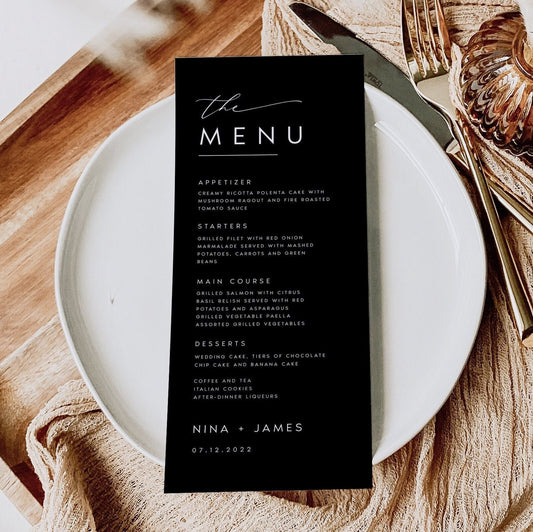 Nina Minimalist Black Wedding Menu Template