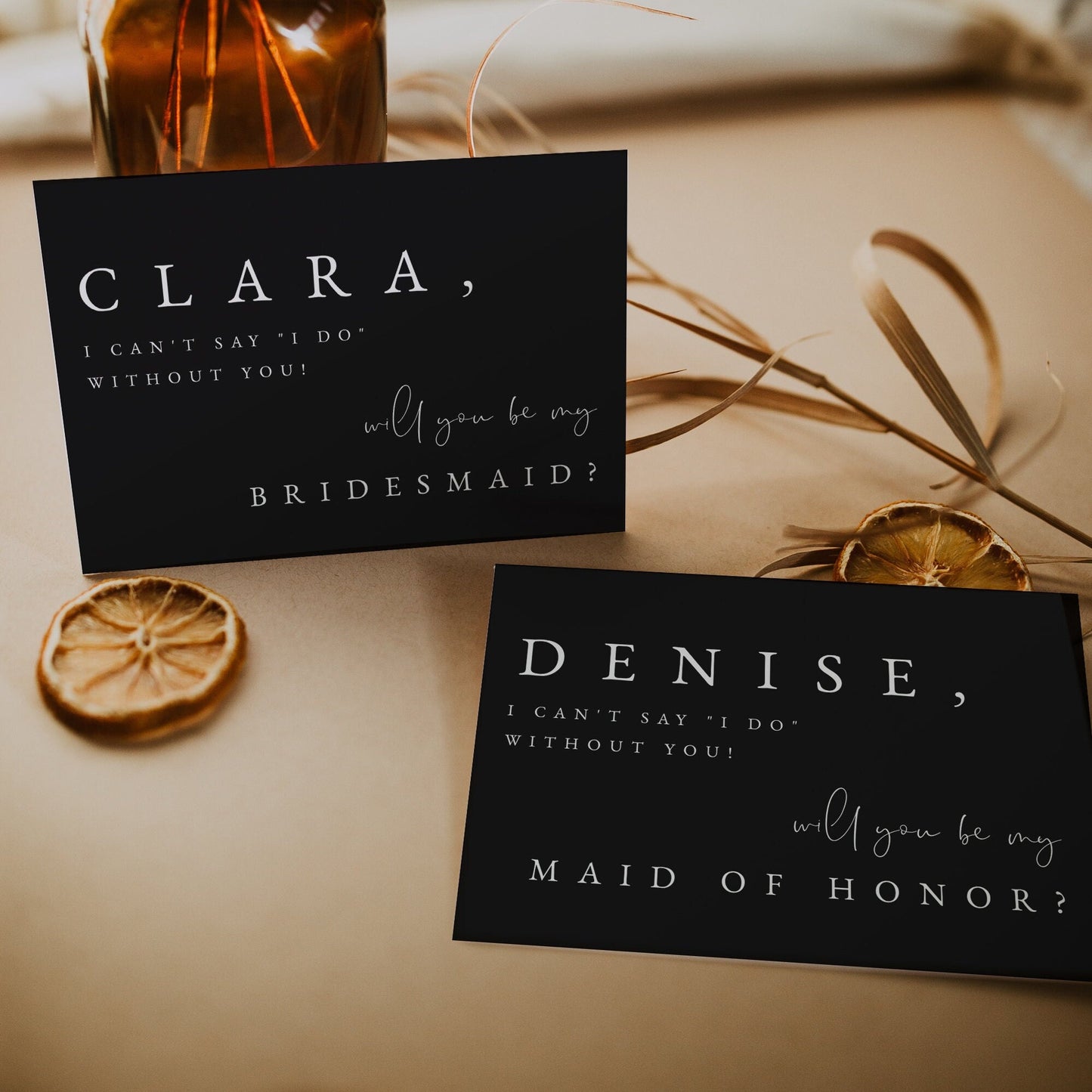 Clara Modern Black Bridesmaid Proposal Card