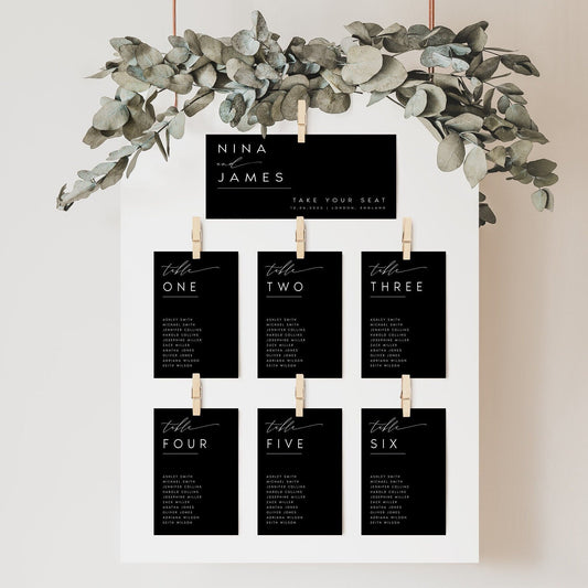 Nina Modern Black Wedding Seating Card Template