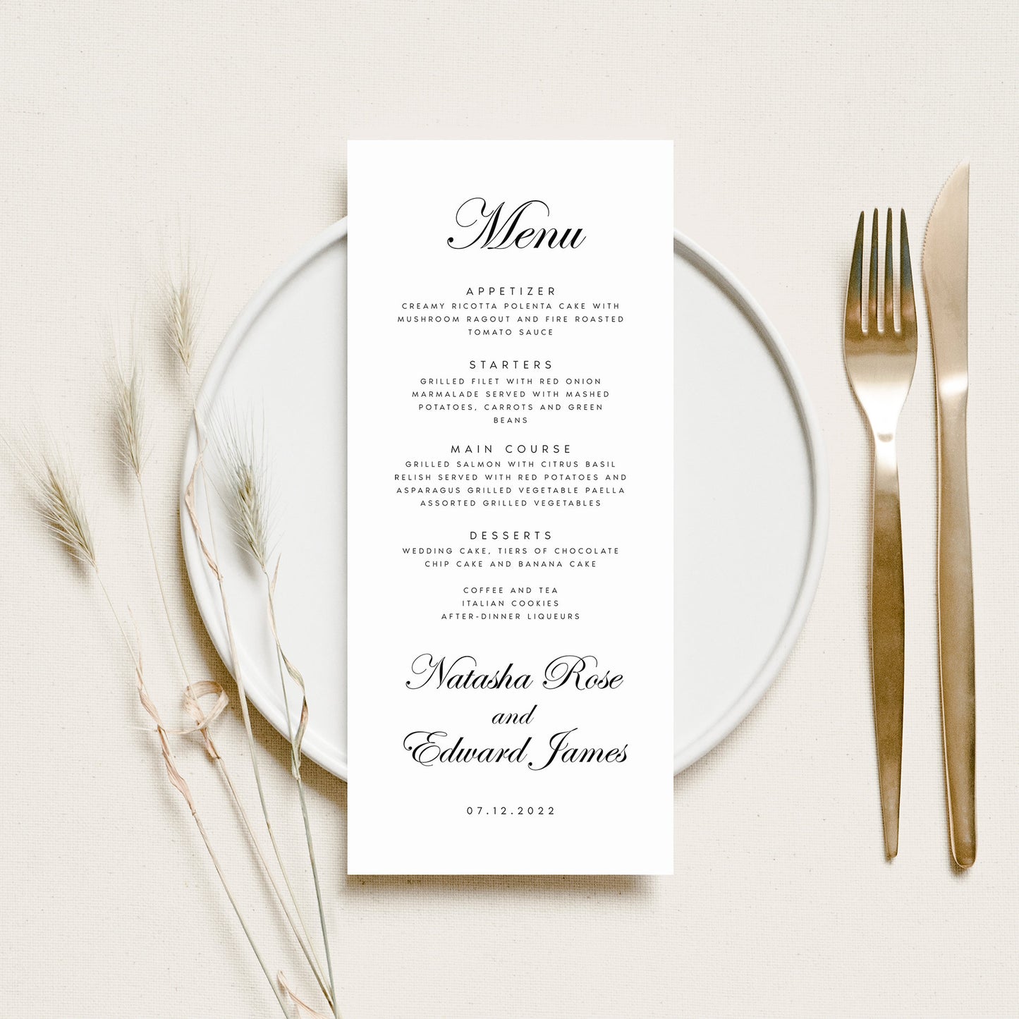 Natasha Classic Calligraphy Wedding Menu Template