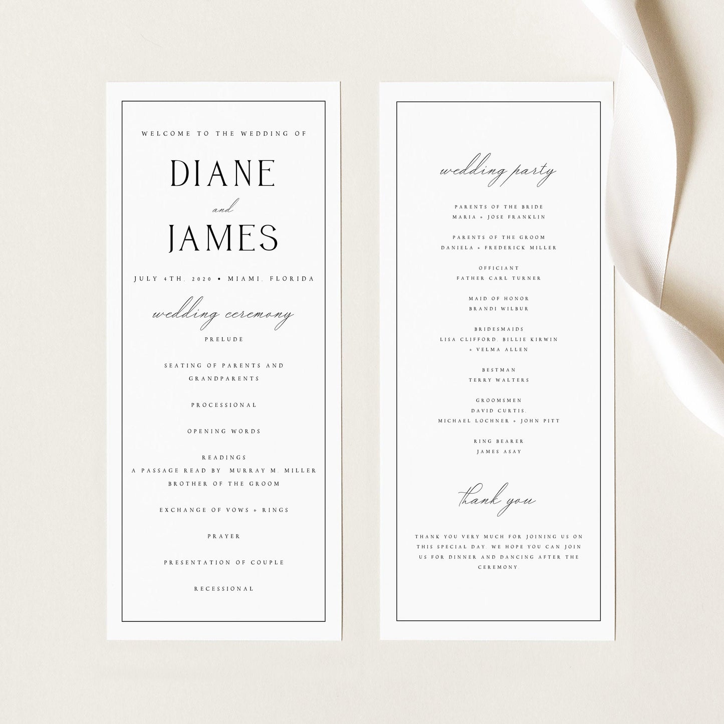 Diane Editable Wedding Program Template with Border