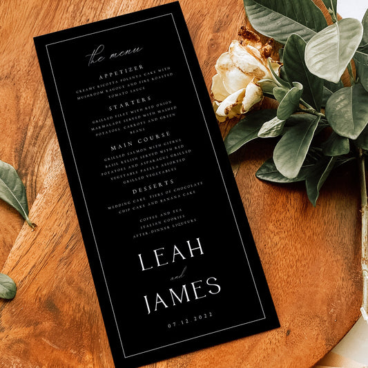 Leah Minimalist Black Wedding Menu Template