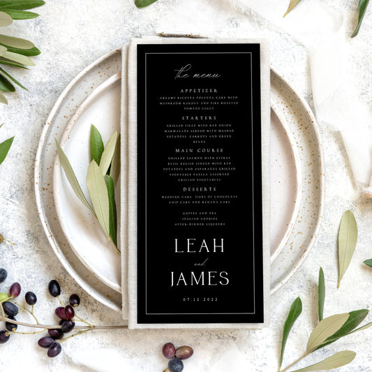 Leah Minimalist Black Wedding Menu Template