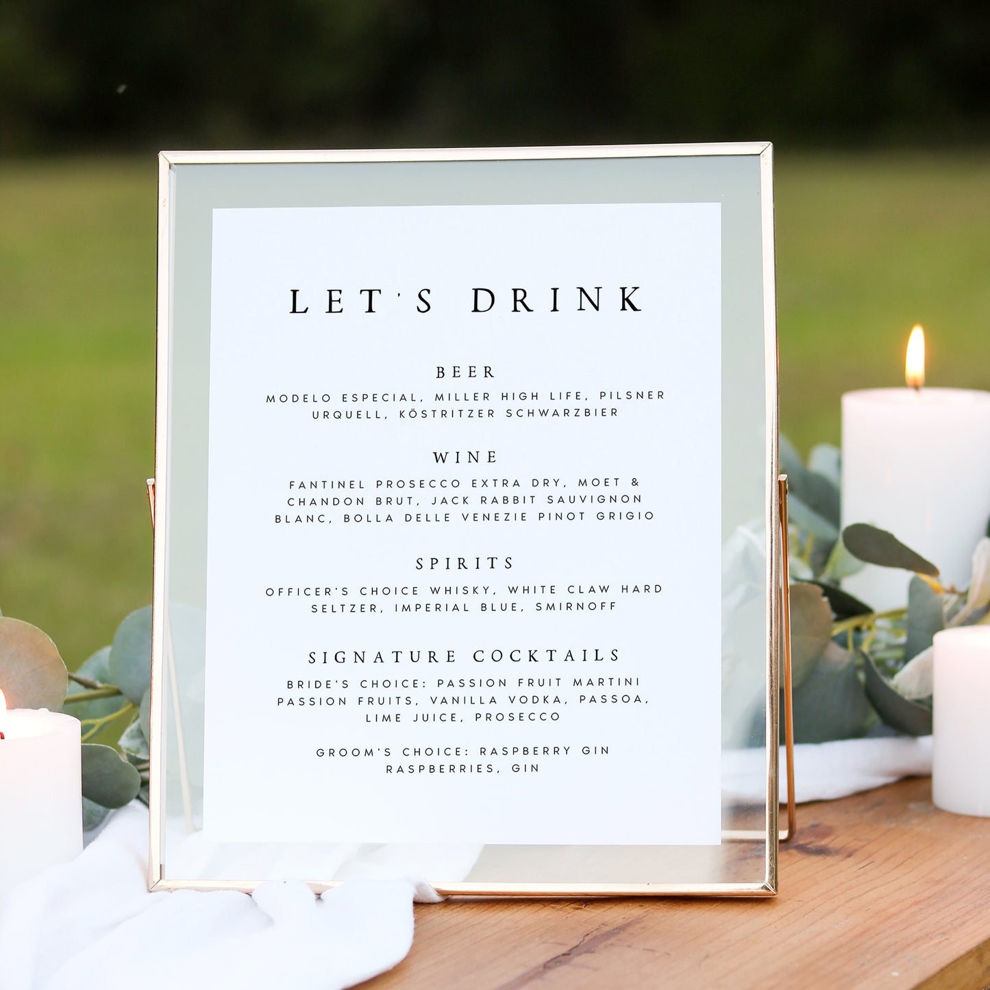 Elizabeth Wedding Bar Menu Sign